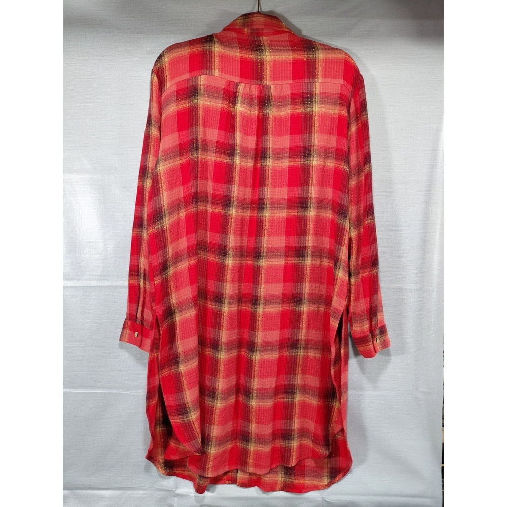 Cato Plaid Shirt Dress LG Red Gold Metallic Waffle Weave Long Sleeve - Picture 2 of 13